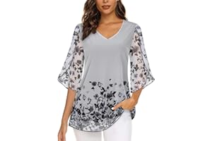 Syphiby Womens Overlap Ruffle Sleeve V Neck Elastic Mesh Blouse Loose Flowy Tunic Tops