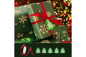ZY-HUAN Papier d'emballage de Noël 70x50cm, 70x100cm Papier de Noël Recyclable avec Ruban et Etiquettes, Papier d'emballage de Noël, Papier Cadeau Vert (Vert 70X50cm)