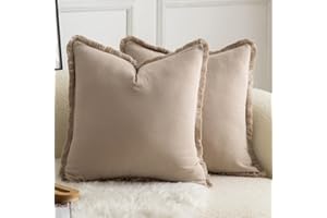 Mandioo Set of 2 Neutral Cotton Fringe Cushion Covers 50x50 cm 20x20 inch Decorative Boho Farmhouse Throw Pillowcase Cozy Tassels for Couch Sofa Bedroom Living Room Home Decor Taupe