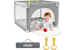 DJEDJEO Box Bambini 90x90cm, Recinto Con Rete Traspirante e Base Antiscivolo, Porta Sicurezza, Centro Attività per Interni ed Esterni, Portatile 0-6 Anni