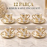 Valkyrie 12 Par&ccedil;a 6 Kişilik 80 ml T&uuml;rk Kahvesi Fincan Takımı Gold Yaprak Desenli K654-B