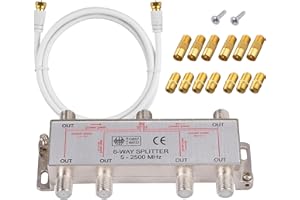 Justech 6 Way Divisor de Satélite Tipo F Divisor de Cable Coaxial Divisor 5-2500MHz con 1,5 m de Cable Coaxial F Enchufes para Sky Box Telewest Eurovox Starview Dreambox