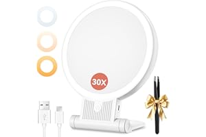 Auxmir 30X Magnifying Mirror, Double Sided 1X /30X Makeup Mirror with Light, Folding Lighted Rechargeable Beauty for Travel, Rotating 3 Color Lights, Dimmable Touch Screen