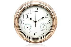 SENRN Garden Clock Outdoor Waterproof Clock with Thermometer Hygrometer 12 Inch Vintage Metal Wall Clock for Patio Yard Ancient Bronze