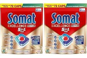‎SOMAT SOMAT 5in1 72 Excellence Premium Caps, 134 Caps (2x 72 Caps), schnellauflösende Spülmaschinentabs mit Extra Boost, Somat Caps entfernen selbst 72 h eingetrocknete, hartnäckige Essensreste