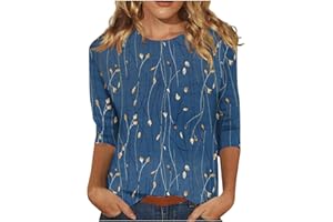 JKJFJKA Femmes Manches 3/4 Tops Et Chemisiers Décontracté Décontractés Trois Guarter Longueur Tunique Chemisiers Tendance Imprimé Crewneck Mignon T Shirt Bleu Haut De Fete Femme Grande Taille Top Noir Femme