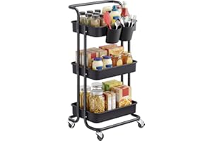 SONGMICS Rolling Cart, 3 Tier Storage Cart, with Handle, 2 Small Organizers, Steel Frame, Plastic Baskets, for Bedroom, Laundry Room, Bathroom, Black BSC067B01