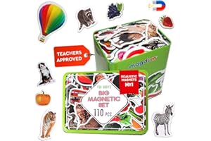 MAGDUM 110 Fotos Set Animales& Frutas& Verduras& Transporte Caja de Lata de Regalo- 110 Imanes Realistas Juguetes de Bebé 3 años- Juegos Educativo Aprender Magnético para niños- Imanes Nevera niños