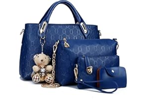 Sipobuy Women 4Pcs Top Handle Satchel Hobo PU Leather Handbag Set Large Tote + Purse + Shoulder Bag + Card Holder Brown (Blue)