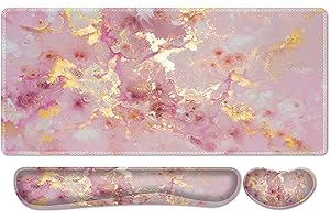 Mouse mat Set,iCasso Desk mat 900 x 400mm,Stitched Edges Gaming Mouse Pad & Mouse mat Wrist Support&Keyboard Wrist Rest,Waterproof Surface Desk Pad with Non-Slip Rubber Base (Pink Gilt)