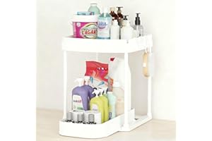 Ribech Scaffale per Sottolavello 2 Piani, con Cassetto Estraibile e Vassoio, Organizzatore Multiuso per Cucina e Bagno, Bianco