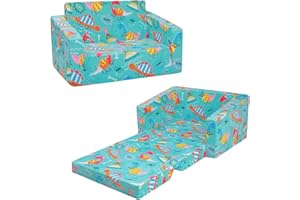 DECALSWEET Divano Letto per Bambini 2-in-1 Pieghevole Schienale Poltrona, Stabile Divano Bambini con Tasca in Stoffa, Divano Pieghevole Leggero Apribile per Camera da Letto, Soggiorno, Dinosauro Colorato