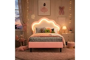 SAOOZBE Barnsäng 90 x 200 cm, prinsesssäng för flickor med LED, vadderad enkelsäng med höjdjusterbar molnformad sänggavel, sä