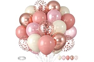 PAREADY Dusty Pink Blush Balloons, Retro Boho Pink Balloons Cream White Balloon Pearl Light Rose and Metallic Rose Gold Confetti Balloon for Girls Baby Shower Woman Birthday Wedding Party Decorations
