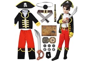 VICTERR Costume Pirata Bambino, 17 Pezzi Costume Cosplay Pirata Accessori Set con Bussola, Mappa, Telescopio e Spade Gonfiabili, Bambino Costume di Pirata per Carnevale Halloween Festa di Compleanno, 3-8 Anni
