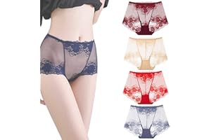 SAKEMA Culottes Faites à la Main en Dentelle de Soie pour Dames, 4 pièces de sous-vêtements sans Couture en Dentelle Sexy Haute élastique, Slips Confortables de contrôle du Ventre pour Femmes (L,C)