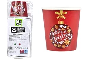 OXYN Vasos desechables de papel de 160 ml, diseño de Papá Noel y bolas de Navidad, color rojo, ecológicos, perfectos para fiestas, bebidas calientes y frías, diferentes cantidades disponibles (25