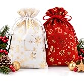 2&rsquo;li Set 17x23 cm Yılbaşı Hediye Kesesi &ndash; Kırmızı &amp; Beyaz Altın Yaldızlı Noel Temalı Kumaş &Ccedil;anta | Yılbaşı Hediye Paketi Kese