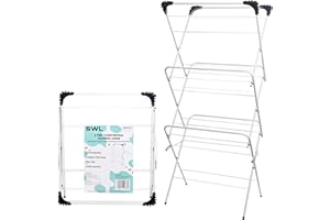 SWL 3 Tier Clothes Airer | Foldable Drying Rack Indoor & Outdoor | Heavy Duty Steel Clothes Horse with 14M Drying Space & Hanger Slots | Compact Laundry Drying Stand