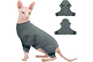 Hjyokuso Sphynx Cat Clothes, Cotton Cat Onesie,Warm Soft Jumper with Back Snap, Stretchy Hairless Cat's Sweater Lightweight Winter Pyjamas for Indoor Cats, Comfy Autumn Outfit Grey M