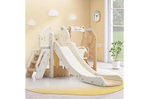 ‎HAINEW 5 in 1 Kinderrutsche Indoor und Outdoor für ab 3-6 Jahr, Kinder Spielplatz mit Rutsche, Klettern, Stauraum, Schaukel und Basketballrahmen, Kleinkinderrutsche Babyrutsche Gartenrutsche (Braun)