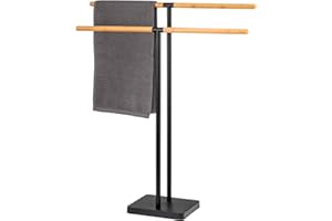 eluno Stand-Handtuchhalter freistehend, 2 Stangen, Handtuchständer, Bambus/Metall (Schwarz)