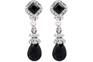 SECRET FOR LONGEVITY Silver Tone Art Deco Antique Vintage Style Jet Black Onyx Diamond Rhinestone Dangle Clip-On Earrings