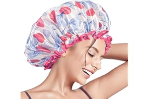 Aquior Shower Caps, Reusable Shower Cap for Women, Double Layer Waterproof Hair Cap, Large Size for All Hair Lengths (Red-Lineflower)
