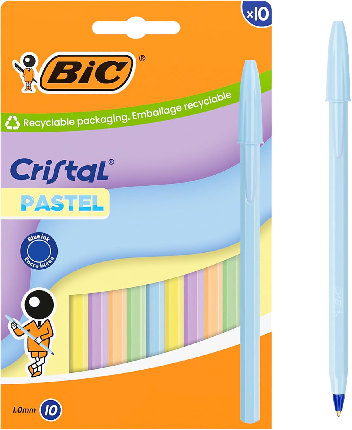 BIC Cristal Pastel Bolígrafos de Punta Media (1,00 mm) con Tinta Recargable Azul - Cuerpo de Colores Pastel Surtidos, Caja de 10