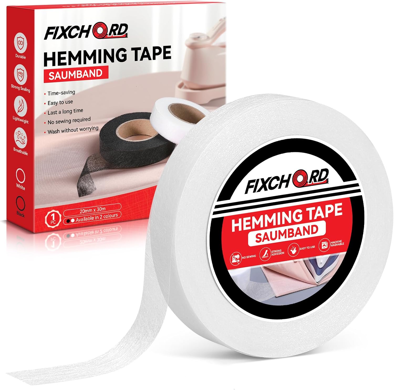 FIXCHORD Bande Thermocollante, Ruban Thermocollant pour Ourlet, Wonder Web Ruban de Ourlet, Ruban Thermocollant sans Couture, Ruban de Ourlet pour Vêtements, Repassage et Fixation, Blanc, 30M*20MM