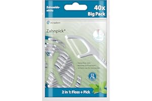 ‎MIRADENT miradent Zahnpick 2-in-1® Big Pack - 40 Stück | Zahnseide Stick | mit Minz-Geschmack | zur Entfernung grober Speisereste (Griff: Zahnstocher) | zur Entfernung von Zahnbelag und feinen Speiseresten