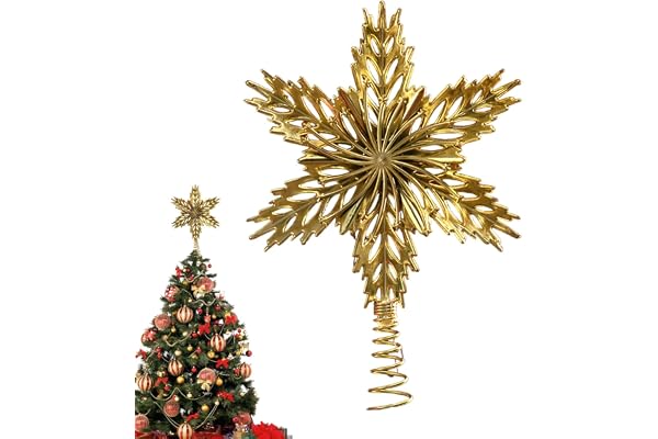 Julgransdekoration, guldglittrad trädtopp, ihålig metallstjärnträdstoppning, traditionell trädprydnad, elegant julgranspynt, bärbar och idealisk som julgransprydnad dekoration