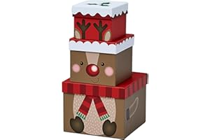 Partisan Products Set of 3 Novelty Christmas Stackable Nested Gift Boxes Present Xmas Reindeer Cardboard