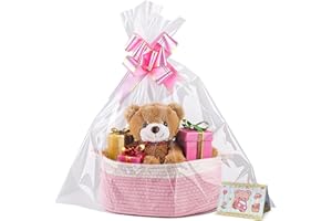 BOENSI Geschenkkorb Leer 30 x 20 x 12cm,Geflochten Korb mit Geschenktüten und Bändern,Präsentkorb Leer für Ostern,Babyparty,Geburtstag, Hochzeit,Erntedank, Weihnachten (Weiß-Rosa)