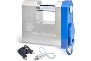 Magmaus® SRL70 Fingerprint Padlock - Keyless Biometric Recognition, 20 Fingerprint Memory, 2 Electronic Keys & App, IP68 Water & Dustproof for Outdoor Container, Gate, Shed