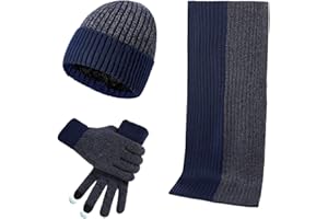 JYCY 3 Piece Men's Beanie Hat Scarf and Touch Screen Gloves Set Winter Thermal Elastic Thicken Warm Fleece Inner Lining Knit Beanie Cap Winter men's Accessories gifts for men