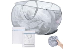 VYLRO Cesti Portabiancheria a Rete Pop-up, Laundry Hamper Pop-Up con 2 Sacchetti, Mesh Pieghevole Cestino di Lavanderia, Cesto Portabiancheria Pieghevole con Tasca Laterale, per Lavanderia, Bagno, Camera