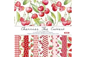 CRASPIRE 24Pcs Fruit Themed Scrapbook Paper 6 x 6in Cherry Strawberry Food Patterned Background Greeting Cardstock Journal Decorative Paper Pads for Album Scrapbooking Journal Cards DIY Making Decor
