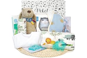 KELZIA PEKEL'S Canastilla para Bebé Recién Nacido | Cesta Unisex para Niña y Niño con Muselina, Ropa, Peluche y Accesorios Esenciales | Set de Regalo Ideal para Baby Shower y Nacimiento