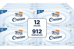 Foxy Cream | Pañuelos faciales en caja | 12 cajas de 76 pañuelos 4 capas | Con crema hidratante | Certificación FSC | 100% energía eléctrica renovable | Paquete 100% reciclable