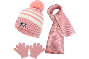 JFAN Cappello a Maglia Bambini Invernale Sciarpa Guanti Set 3in1 Morbida Beanie Lavorato con Adorabile Pompon Bambini Cappello Invernali Calda Carina Berretti in Ciniglia 1-5 Anni