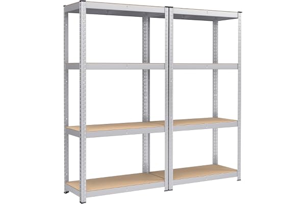 SONGMICS Hyllenheter med 4 nivåer, set med 2 stålhyllenheter för förvaring, bultlös montering, för garage, skjul, lastkapacitet 520 kg vardera, 40 x 80 x 160 cm, silver GLR044E02