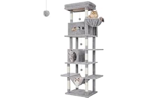 Hzuaneri Cat Tree for Indoor Cats, 210 cm Large Tall Cat Tower, Multi-Level Cats House with Condo, 8 Scratching Posts, Hammock, 4 Pom Poms, Light Grey MS21018LG