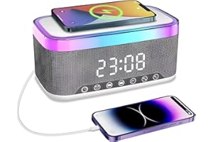 SUEWIDFAY Radio wecker Digital mit Ladestation, 15W Fast Wireless Charger, Digitaler Radiowecker mit Bluetooth Lautsprecher, 13 LED-Leuchten, USB-Kabelloser Ladegerät, FM-Radio, Smart Wecker mit ladefunktion
