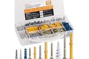 INCLY 510 PCS Plaster Board Wall Plugs and Screws Assortment Kit, 255 Plastic Self Drilling Wall Anchors and 255 Self Tapping Metal Flat Head Screw, 6 Sizes Screw and Plug for Brick Concrete Drywall