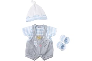 JC Toys- Conjunto Ropa muñeca de 36 hasta 40 cm, Peto con suéter y Accesorios, Gris, Azul y Blanco, Outfit Extra, diseñado en España por Berenguer, +2 años