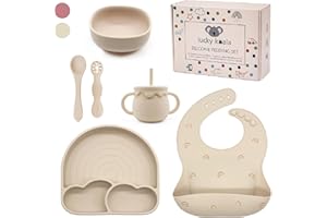 Lucky Koala® Coffret Repas Bébés en Silicone I Assiette et Bol avec Ventouse, Bavoir, Tasse et Cuillères d'apprentissage I Qualité Alimentaire I Sans BPA I Coffret Cadeau