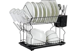 Tawdeez Dish Drying Rack Black - 2 Tier Dish Drainer Rack with Utensil Cup Holders Sink Draining Board Dish Rack and Drip Tray - Large Capacity Stainless Steel for Kitchen Countertop Saving Space