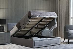 Home Treats Upholstered Bed With Mattress Included | Ottoman Queen Size Bed Frame Set | Grey Fabric Bed Frame (Small Double, Luxury Memory foam Mattress)