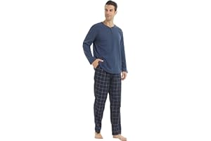 YUSHOW Mens Winter Pyjamas Sets Ultra Soft Henley Long Sleeve Top & Flannel Checked Bottoms Fleece Pyjamas for Men Loungewear PJs Sleepwear